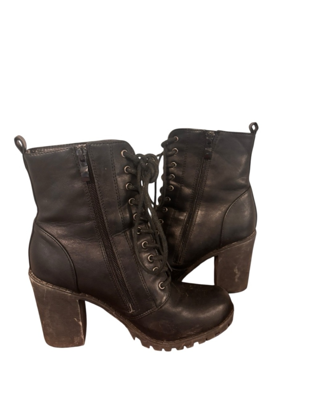 Earth Black Lace-Up Block Heel Ankle Boots